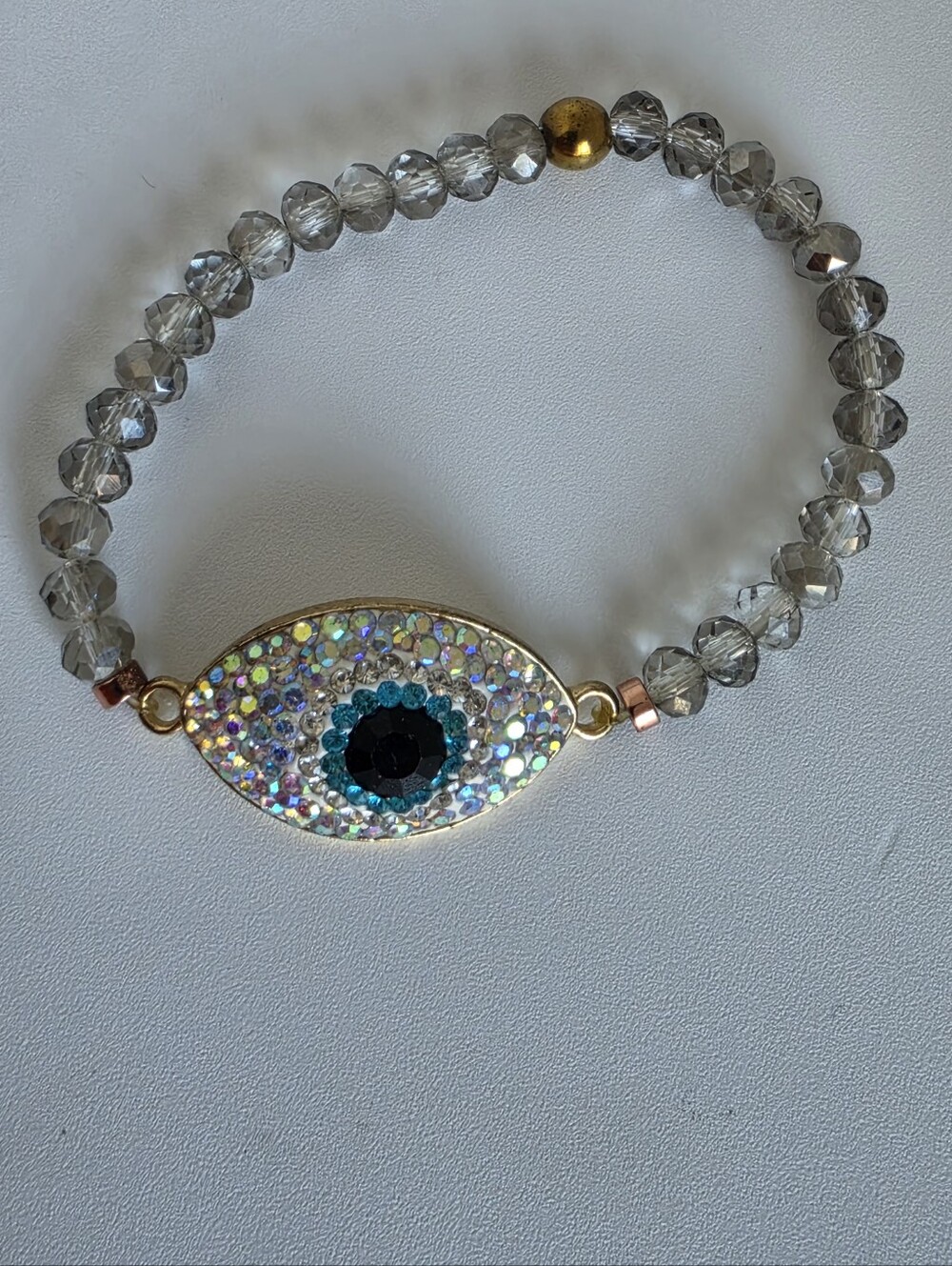 Handmade Evil Eye Stretch Bracelet Gray Crystal Beaded  Protection Charm - Picture 4 of 5